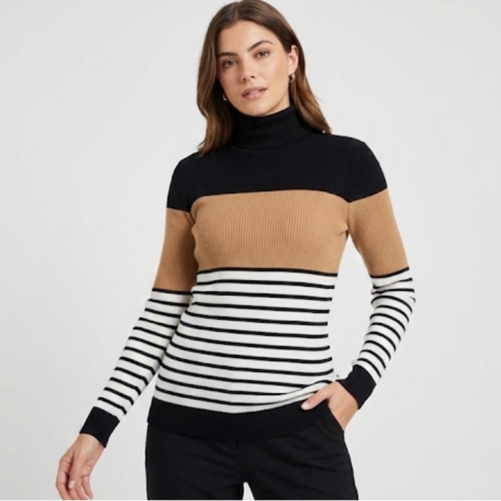 Tommy Hilfiger Striped Black and Tan Turtleneck Sweater size large